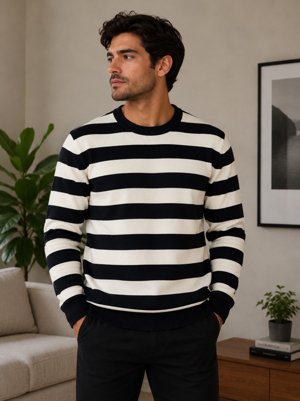 COS Black and Cream Striped Crewneck Sweater NWOT size L